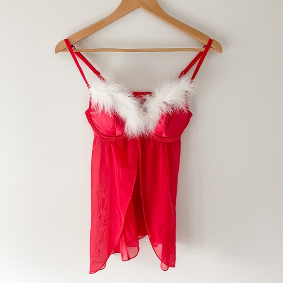 La Senza // Holiday Red Babydoll Lingerie with Detachable Christmas Fuzz - Picture 4 of 4